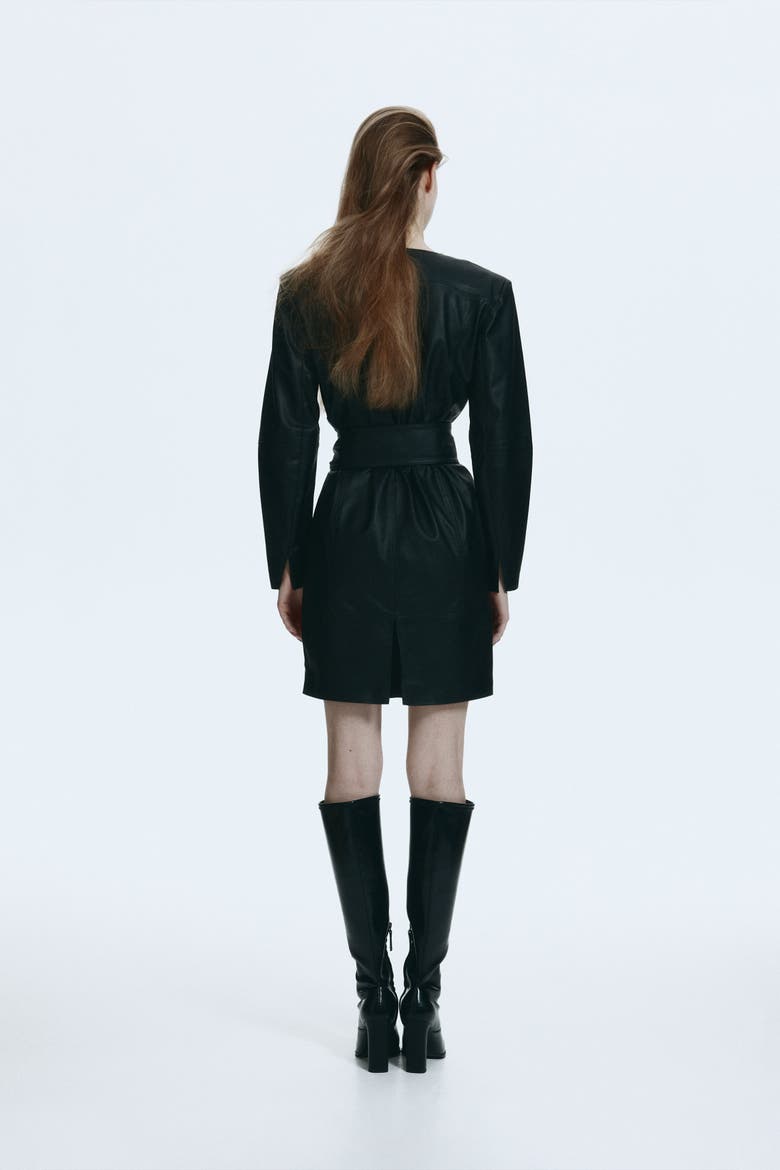Coated Tie-belt Dress, Alternate, color, Black