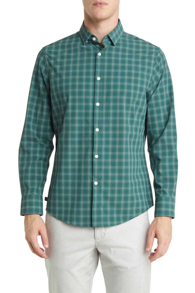 Leeward Trim Fit Bistro Green Check Peformance Button-Up Shirt, Main, color, GREEN