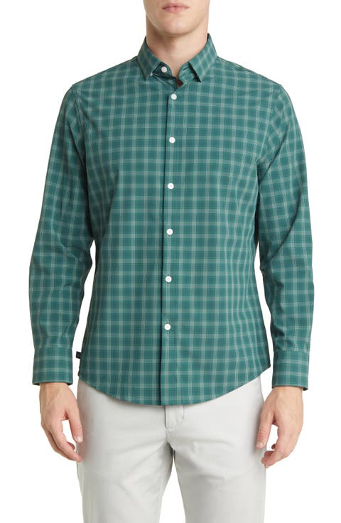 Leeward Trim Fit Bistro Green Check Peformance Button-Up Shirt