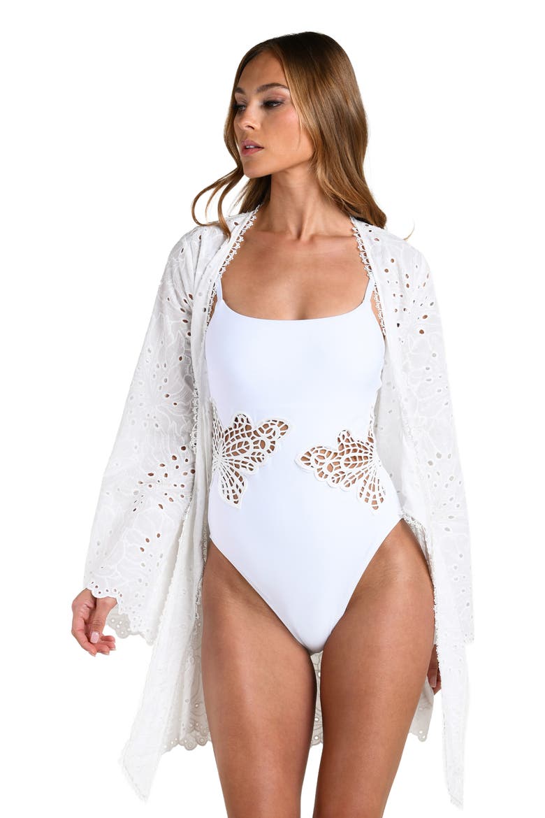 Monstera Eyelet Cove Long Sleeve Cotton Cover-Up, Alternate, color, WHITE