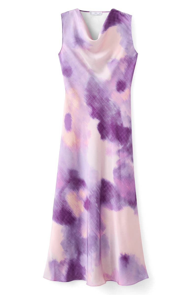 MANGO Tie Dye Cowl Neck Satin Midi Dress, Alternate, color, Light/ Pastel Purple