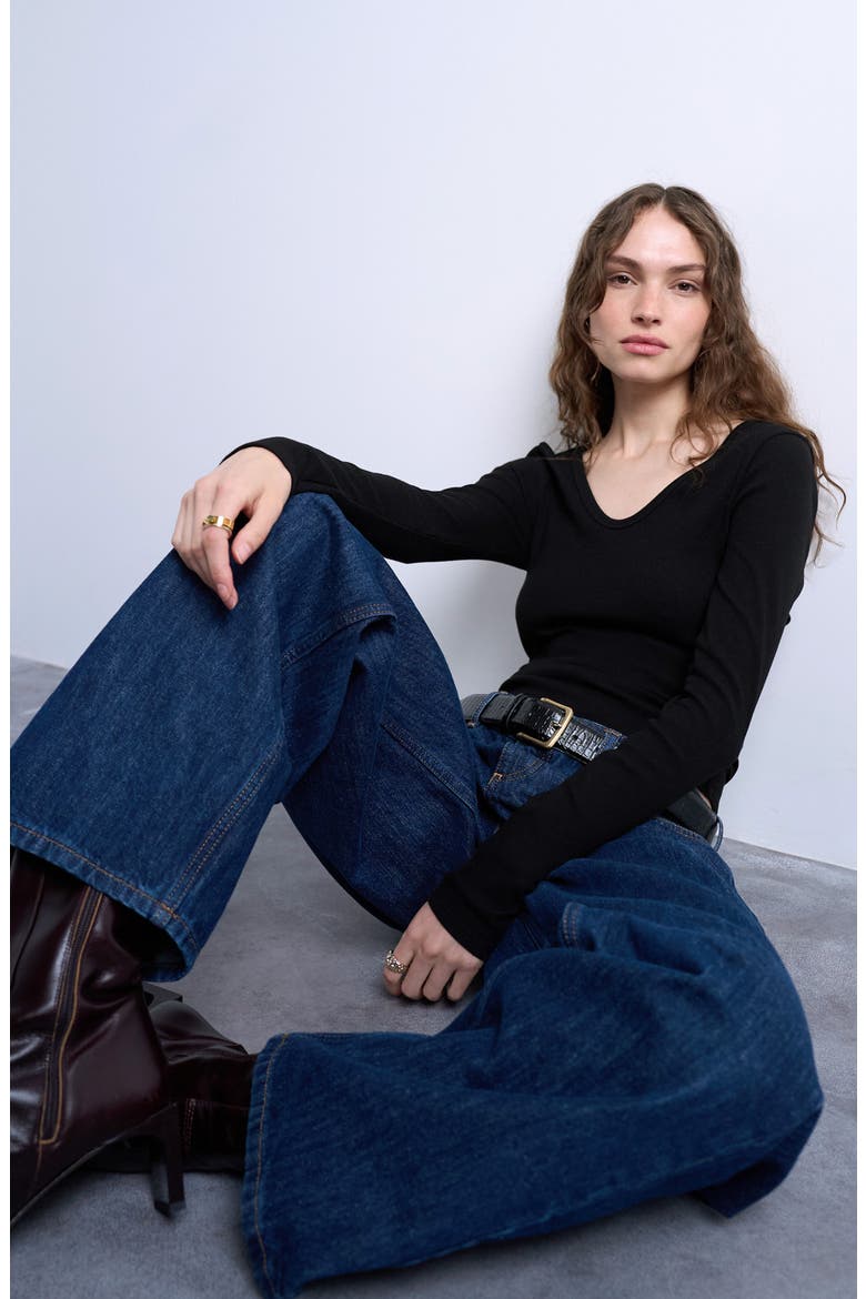 Double V-Neck Long Sleeve Stretch Cotton Rib Top, Alternate, color, BLACK
