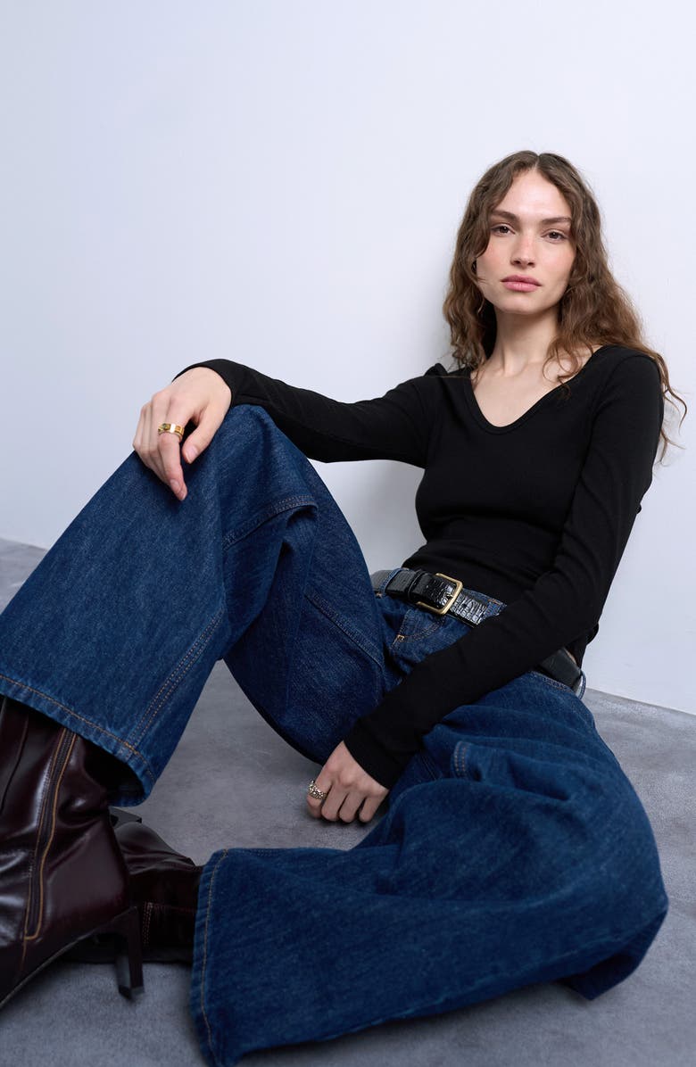 Topshop Double V-Neck Long Sleeve Stretch Cotton Rib Top, Alternate, color, Black