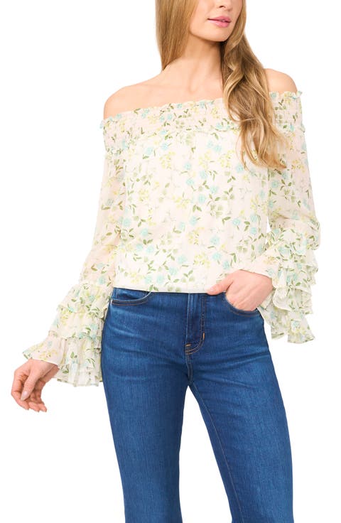 (取寄) シーシー レディース エンブロイダリー オフ ザ ショルダー ブラウザ CeCe women Embroidery Off The Shoulder Blouse Ultra White CeCe Off-The-Shoulder Leopard Cluster Smocked Blouse Soft