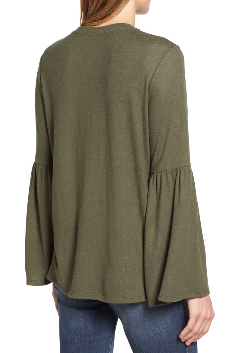 Gibson Bell Sleeve Cozy Fleece Pullover, Alternate, color, OLIVE