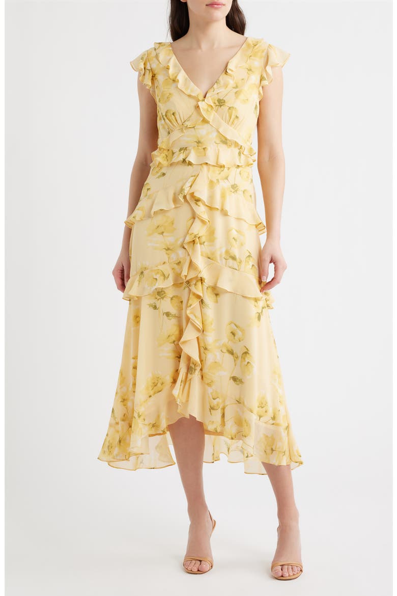 Print Ruffle Midi Dress, Main, color, GOLDEN HAZE