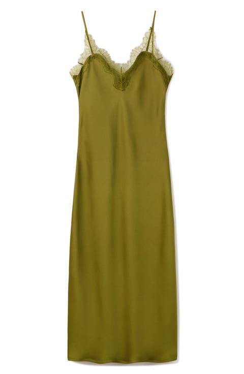 Lace Trim Satin Midi Slipdress