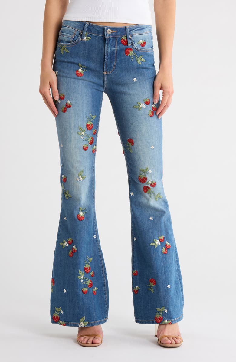 Driftwood Farrah x Strawberry Fields Embroidered Flare Leg Jeans, Main, color, 