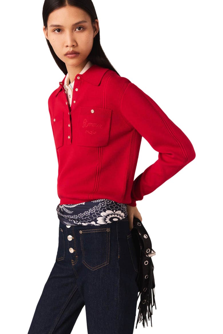 Polo collar sweater with embroidery, Alternate, color, Red
