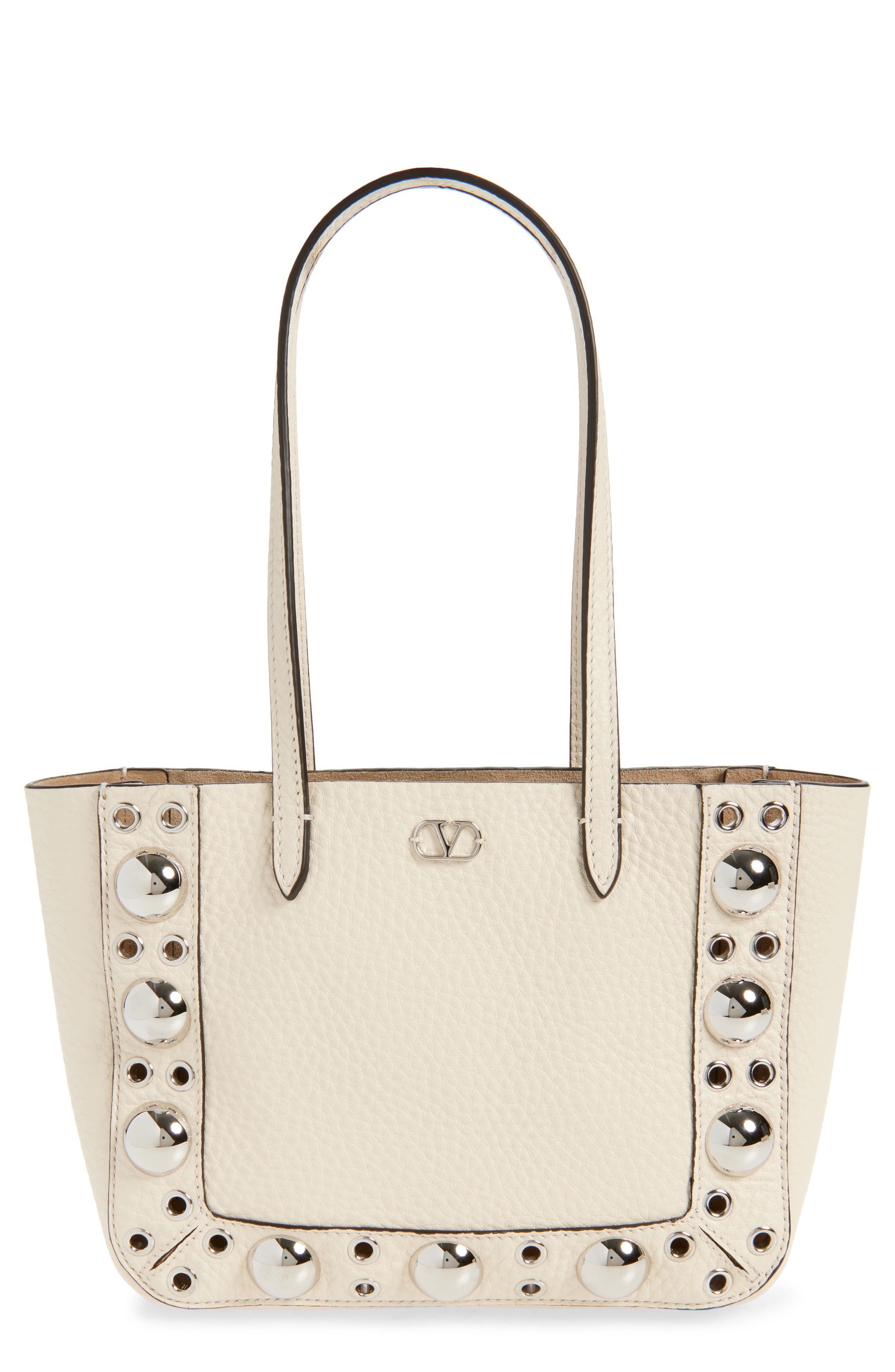 Valentino Garavani Mini Nellcôte Grommet Leather Tote, Main, color, Light Ivory