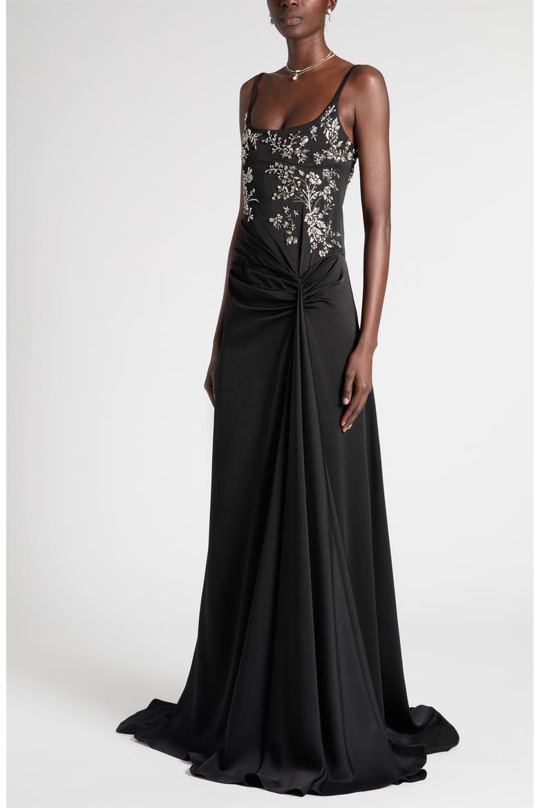 Embellished Draped Crepe Gown, Alternate, color, BLACK