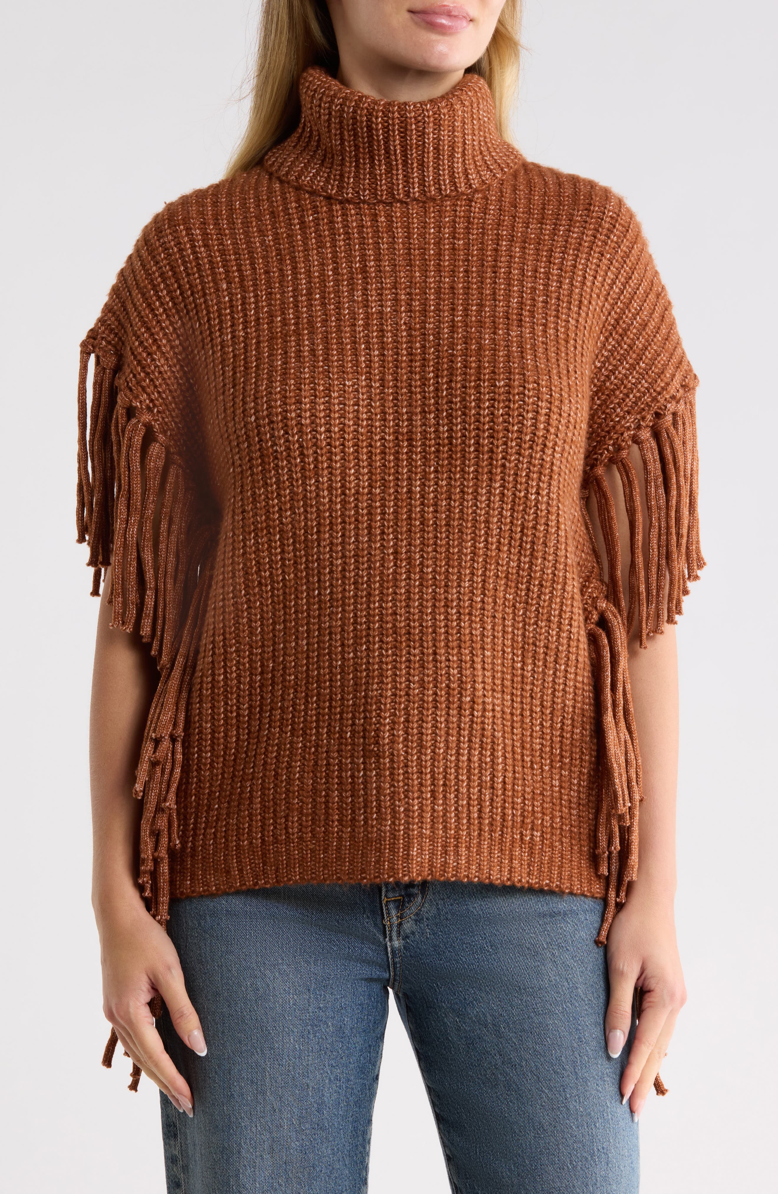 Fringe Trim Turtleneck Sweater