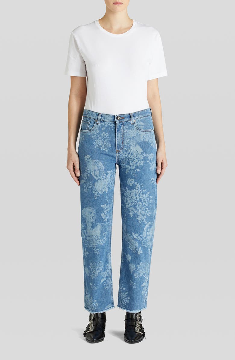 Etro Floral & Bust Print Fray Hem Jeans, Alternate, color,