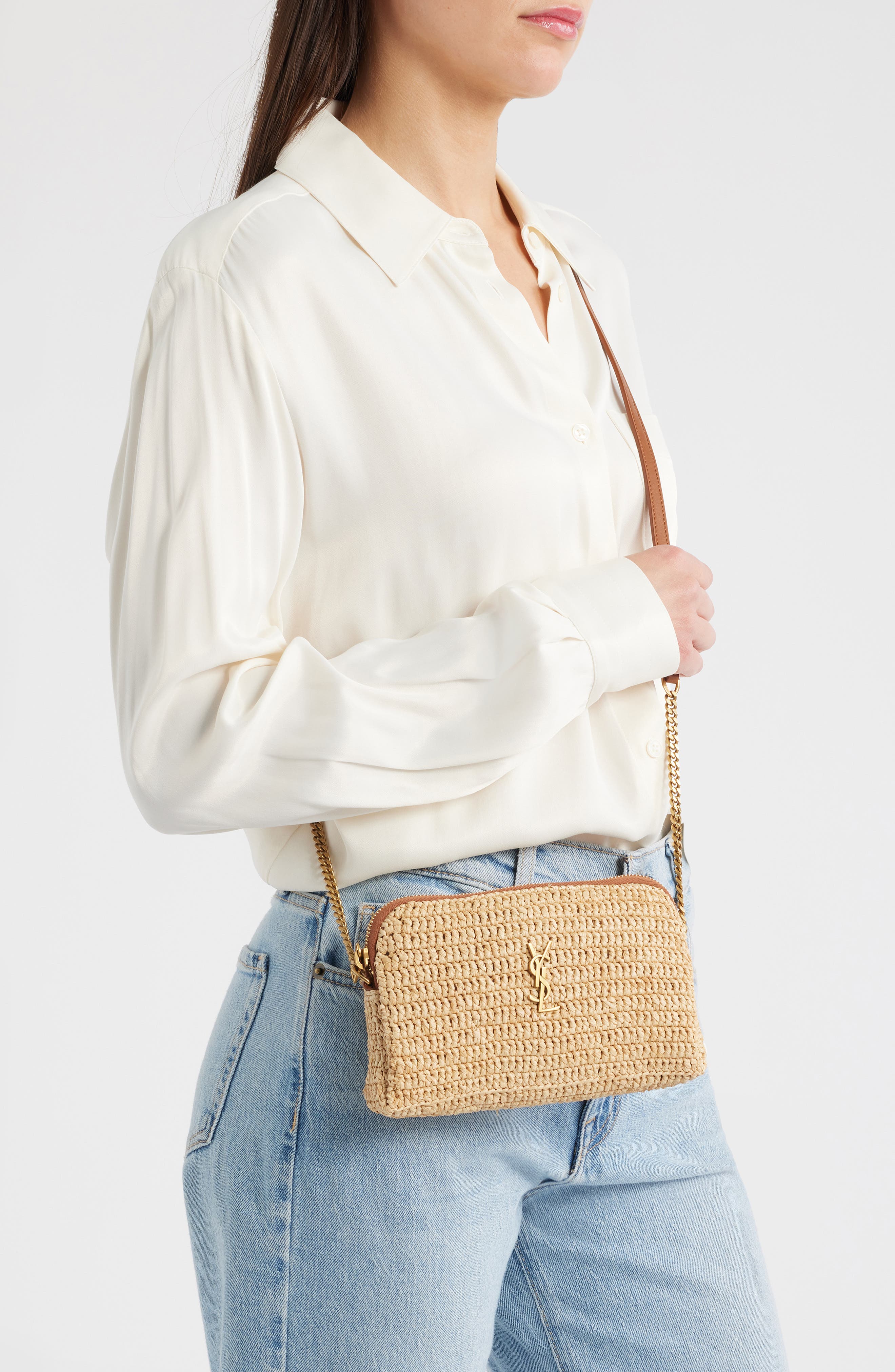 Saint Laurent Gaby Cassandre Logo Raffia Crossbody Bag, Alternate, color, 