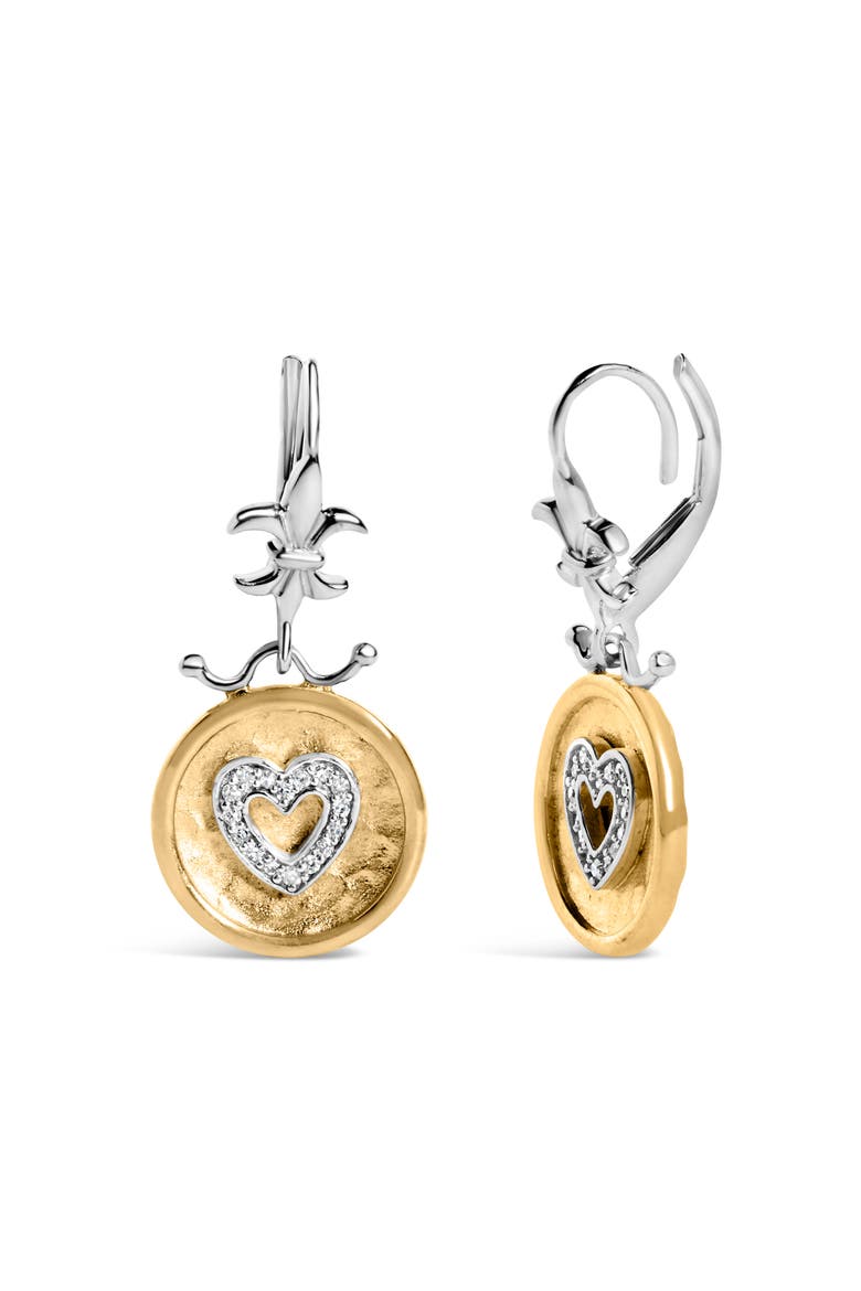 18K Yellow Gold Plated Silver 1/8 Ct Diamond Medallion Heart Dangle Earrings, Alternate, color, Yellow