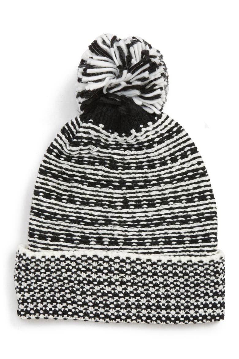 Patchwork Jacquard Pompom Beanie, Main, color, BLACK/ IVORY