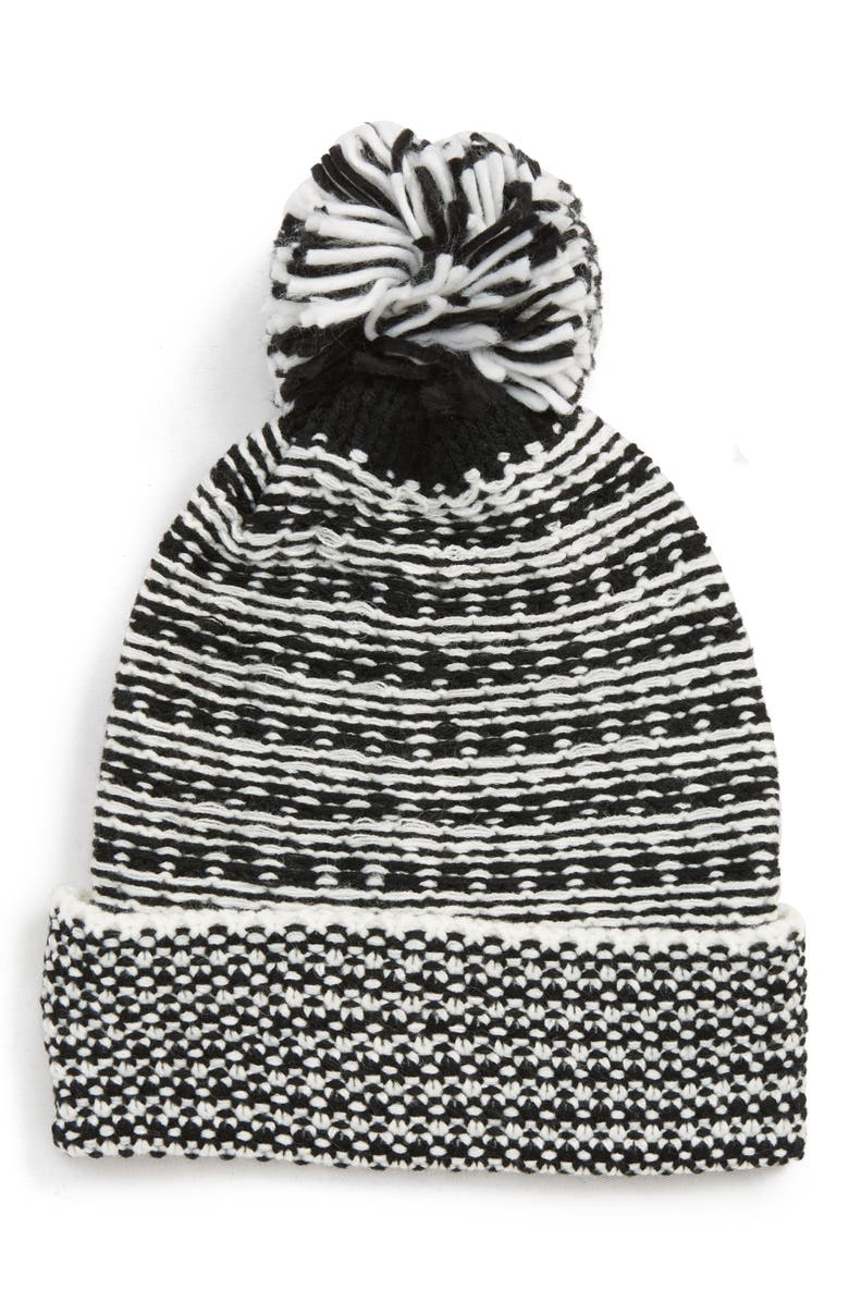 Rebecca Minkoff Patchwork Jacquard Pompom Beanie, Main, color, 