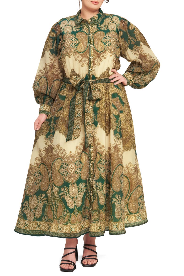 Paisley Long Sleeve A-Line Shirtdress, Main, color, IVORY GREEN