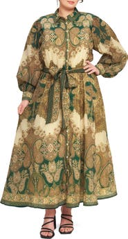 FLYING TOMATO Paisley Long Sleeve A-Line Shirtdress
