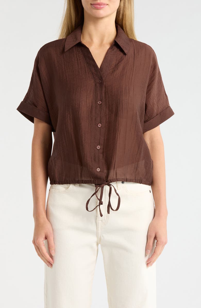 Adrianna Papell Short Sleeve Tie Hem Button-Up Shirt, Main, color, Chickory Coffee