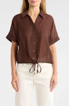 Adrianna Papell Short Sleeve Tie Hem Button-Up Shirt