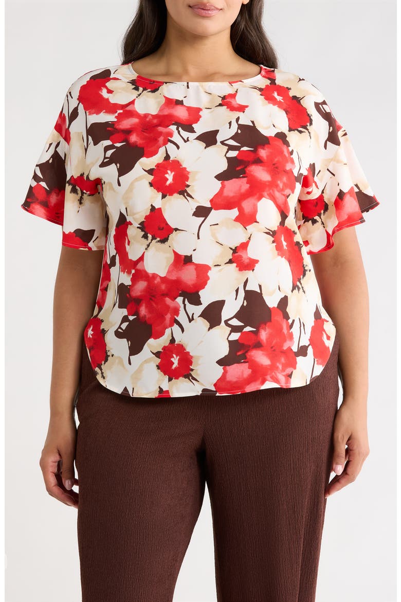 Floral Print Flutter Sleeve Top, Main, color, WHITE DOVE MULTI