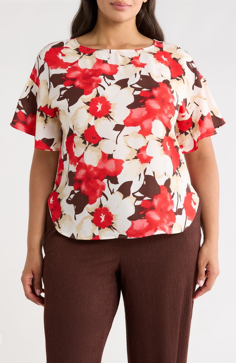 Anne Klein Floral Print Flutter Sleeve Top, Main, color, White Dove Multi