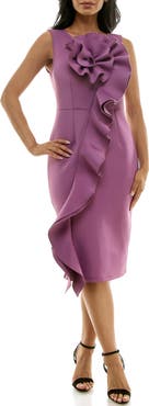 Nina Leonard Oversize Rosette Ruffle Sheath Dress