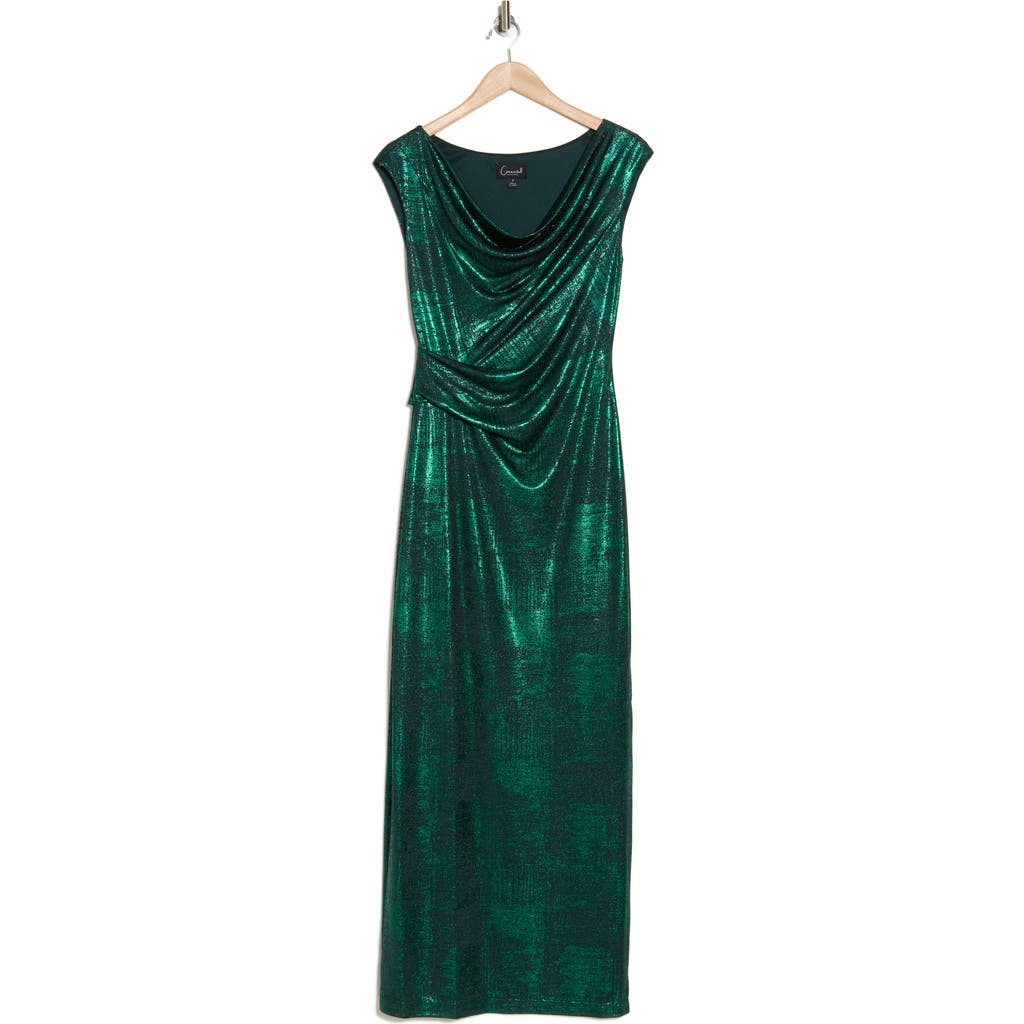 Connected Apparel Metallic Cowl Neck Sleeveless Gown In Emerald