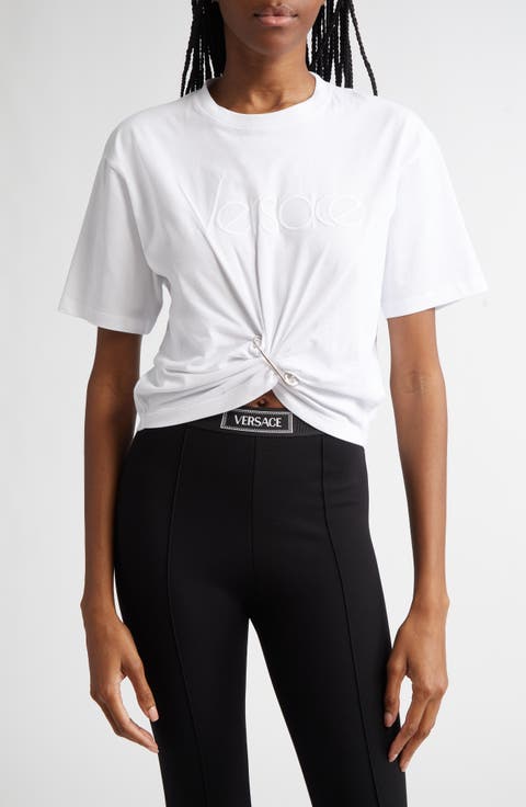 Embroidered Logo Safety Pin Crop Cotton T-Shirt
