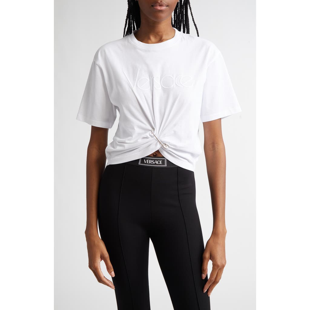 Versace Cropped T-shirt With Twist Detail And Safety Pin Logo In Optical White