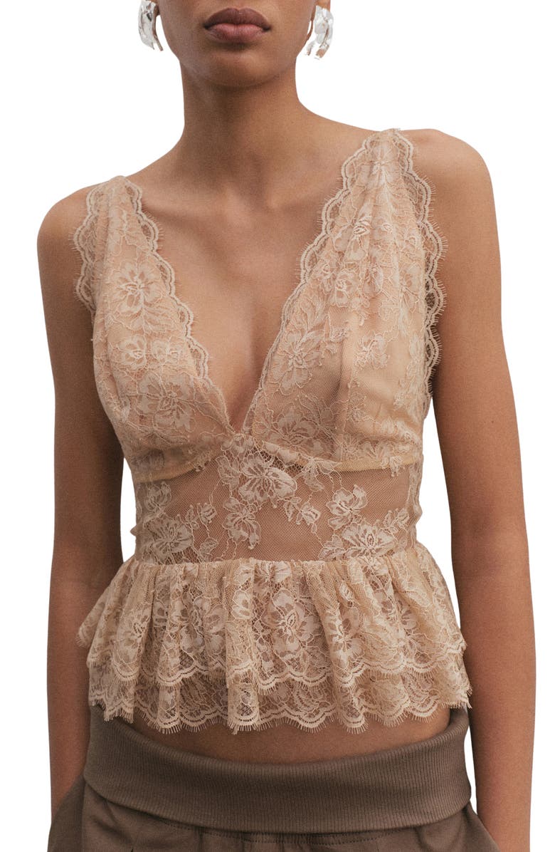 MANGO Amor Plunge Neck Ruffle Trim Lace Top, Main, color, Light Beige