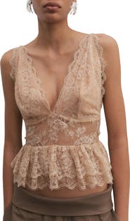 MANGO Amor Plunge Neck Ruffle Trim Lace Top