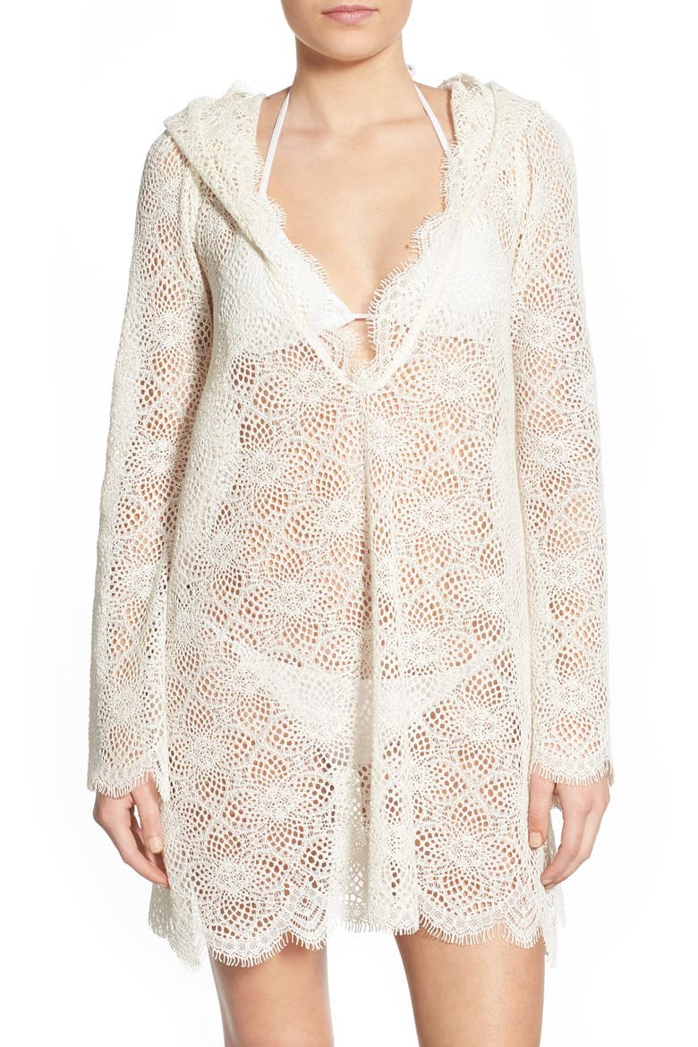 'Cannes' Floral Lace Hooded Cover-Up, Main, color, WHITE
