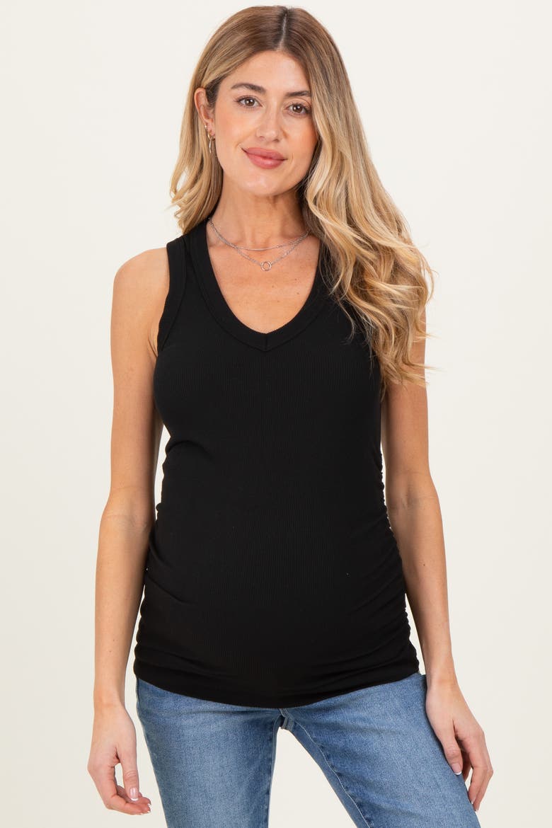 Ribbed Sleeveless Ruched Tank Top, Alternate, color, Black