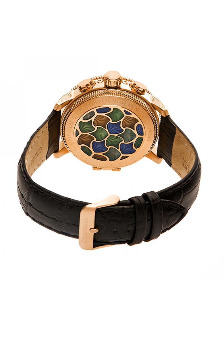 Aura Men's Semi-Skeleton Leather-Band Watch, Alternate, color, Rose Gold/Black