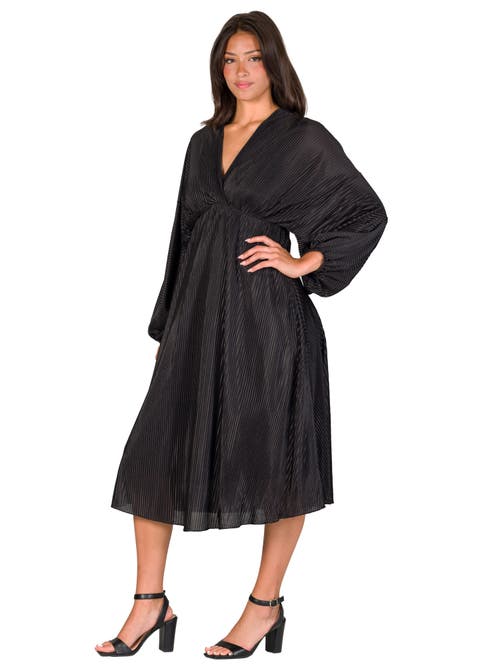 24seven Comfort Apparel Shimmer Pleated V-neck Empire Waist Bishop Sleeve Midi Dress In Black