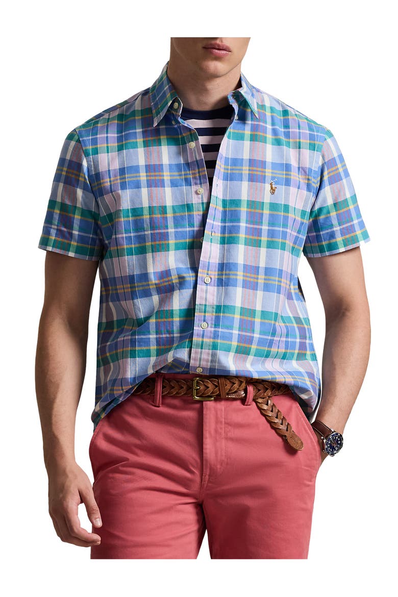Big & Tall Plaid Oxford Sport Shirt V2, Main, color, WHT JWEL BLUE MULTI