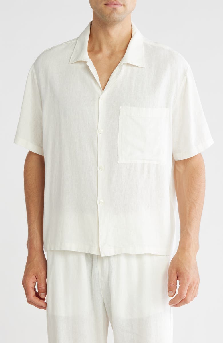 DENIM AND FLOWER Texture Short Sleeve Linen Blend Button-Up Shirt, Main, color, Cream