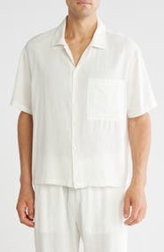 DENIM AND FLOWER Texture Short Sleeve Linen Blend Button-Up Shirt