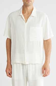 DENIM AND FLOWER Texture Short Sleeve Linen Blend Button-Up Shirt