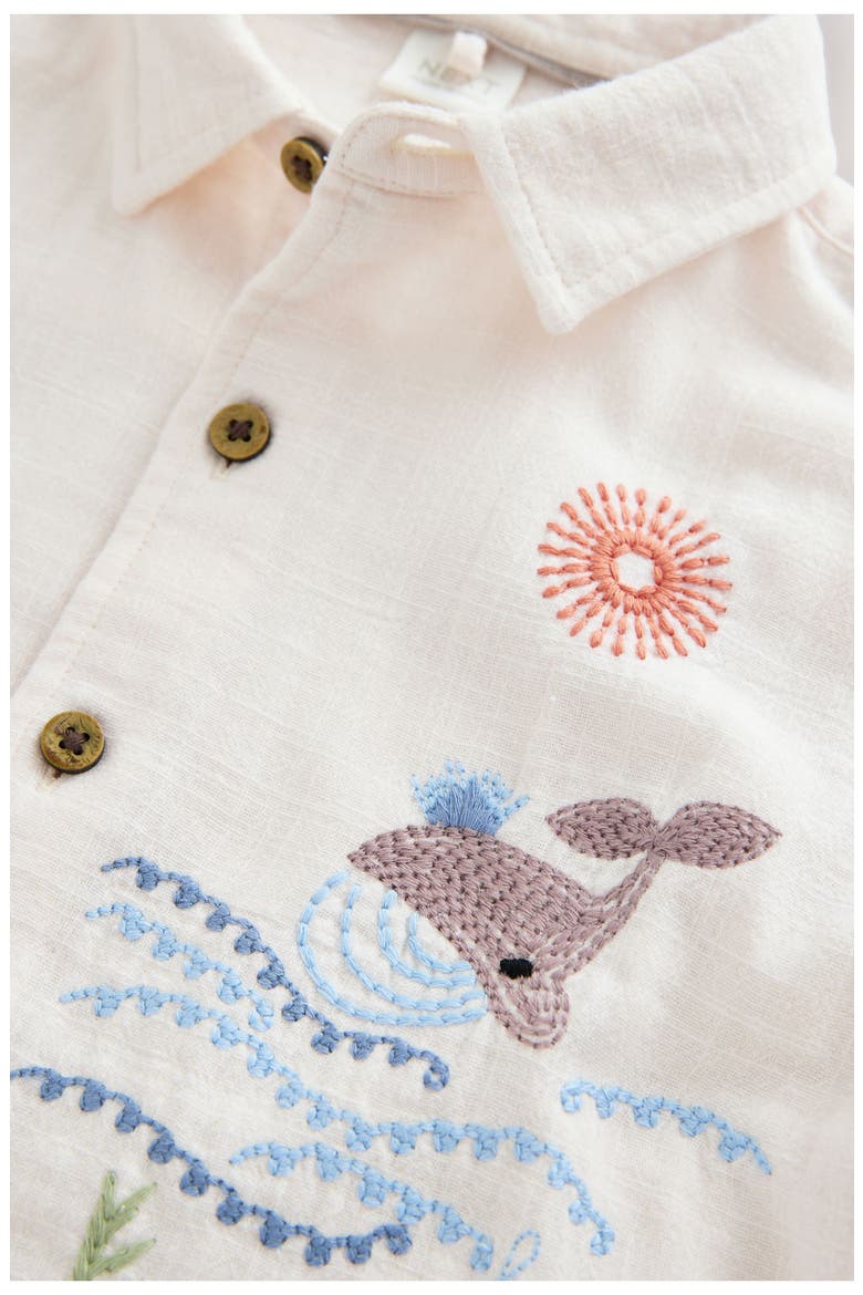 Kids' Embroidered Short Sleeve Cotton Button-Up Shirt, Alternate, color, NEUTRAL