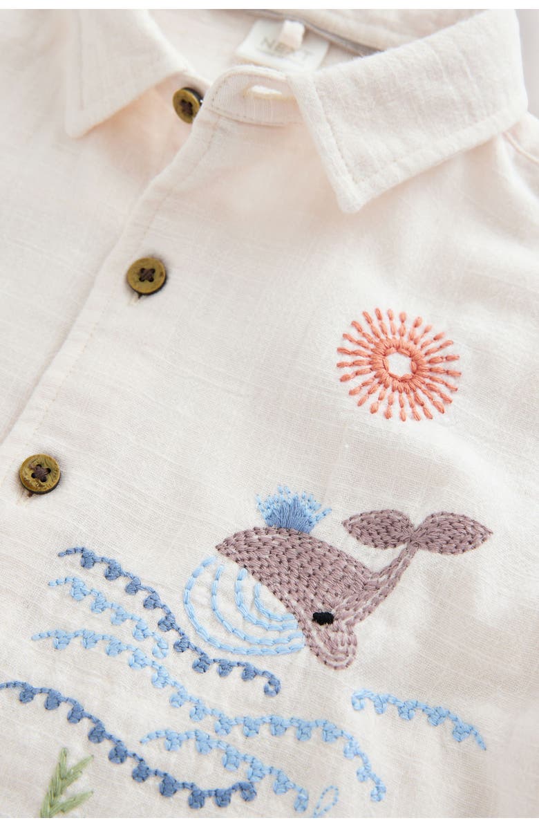 NEXT Kids' Embroidered Short Sleeve Cotton Button-Up Shirt, Alternate, color, Neutral