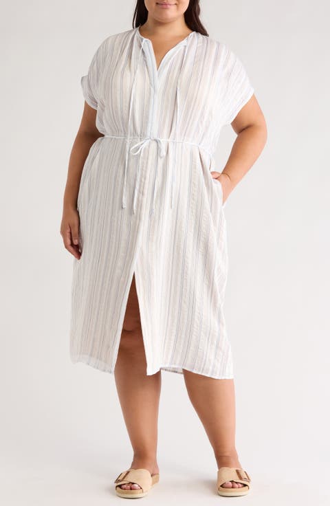 Stripe Cap Sleeve Shirtdress (Plus)