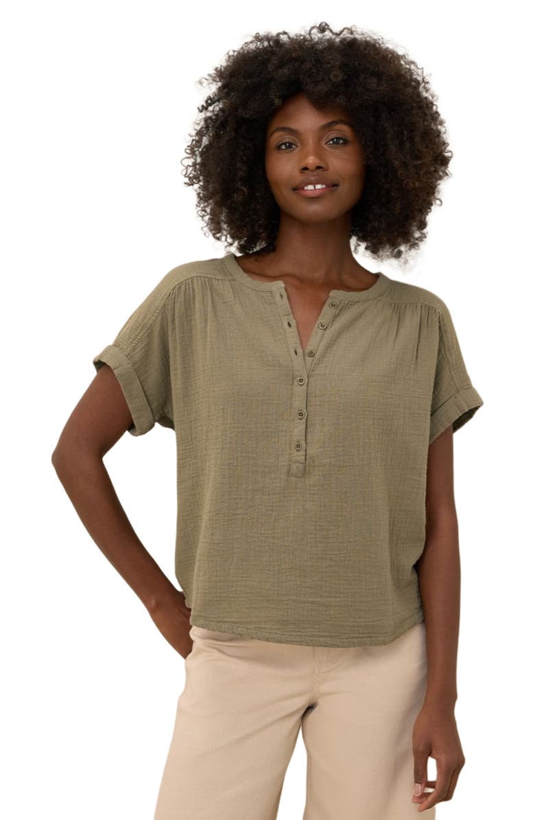 Pact Organic Cotton Coastal Double Gauze Short Sleeve Popover, Alternate, color, Khaki Green