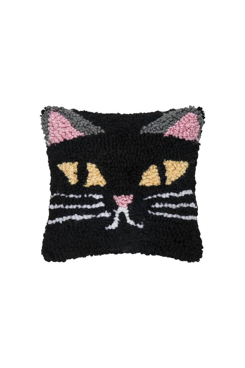 Black Cat Hooked Petite Halloween Accent Pillow 8" x 8", Main, color, Black