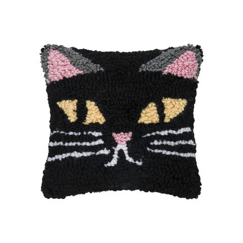 Black Cat Small Petite Hooked Halloween Accent Pillow, 8" x 8"