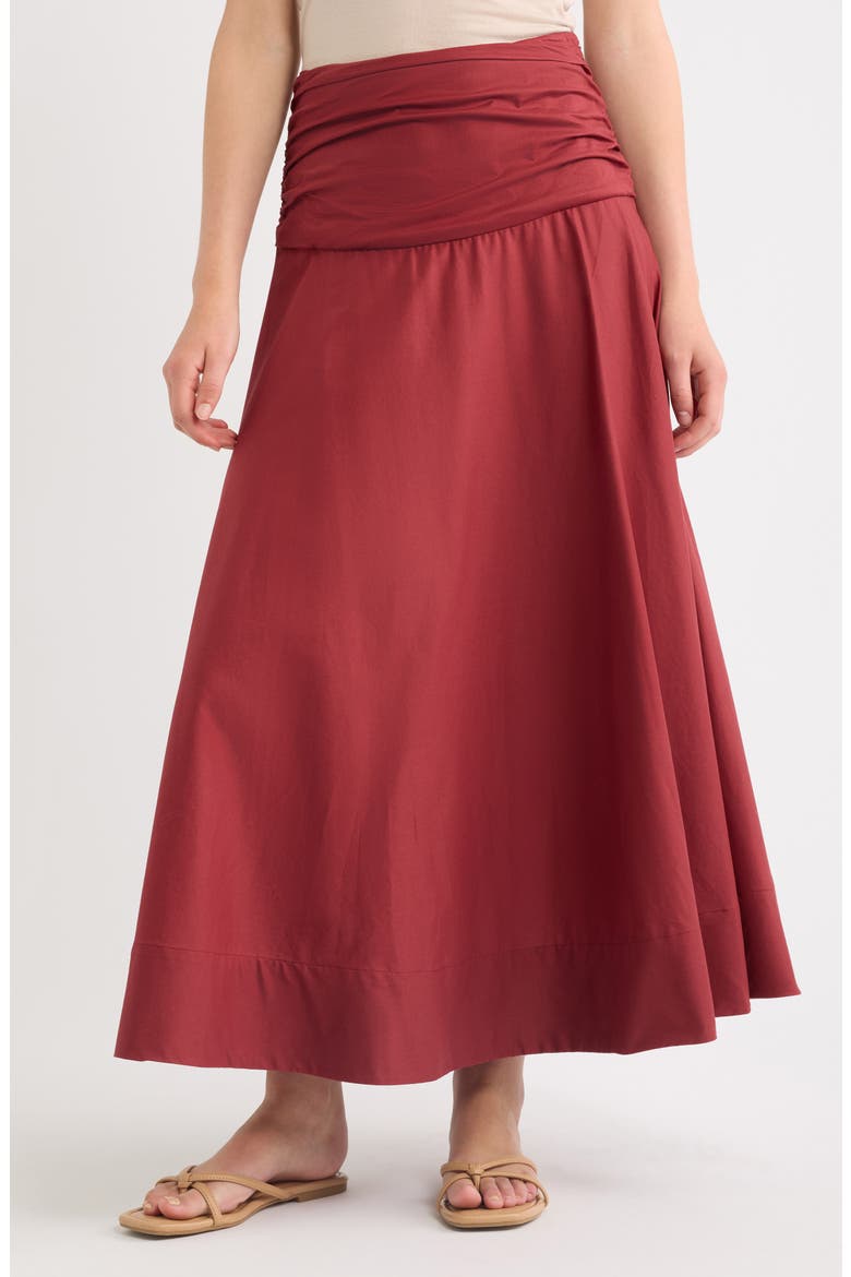 Simone Ruched Waist Cotton Midi Skirt, Main, color, PORTO RED