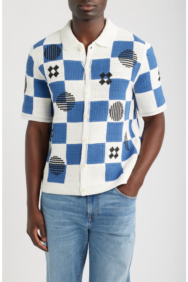 Porto Check Embroidered Cotton Crochet Polo, Main, color, ECRU / BLUE