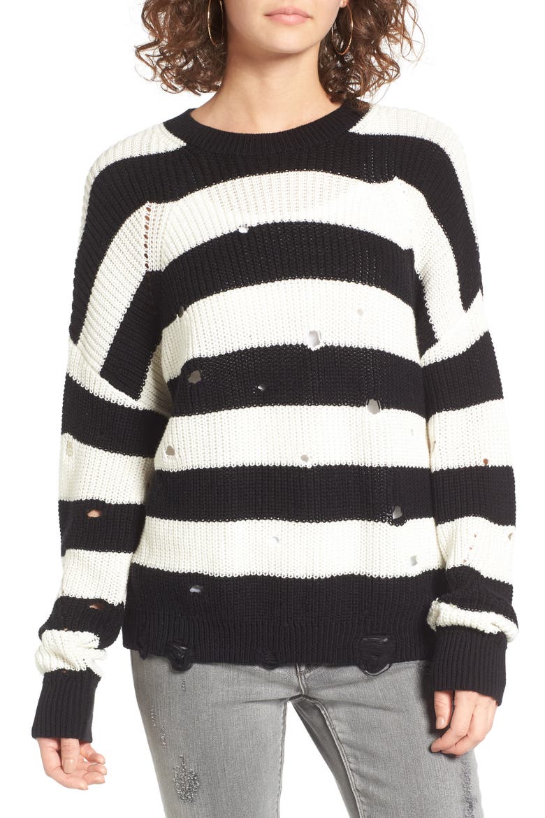 Decontructed Stripe Cotton Pullover, Main, color, BLACK RUGBY STRIPE